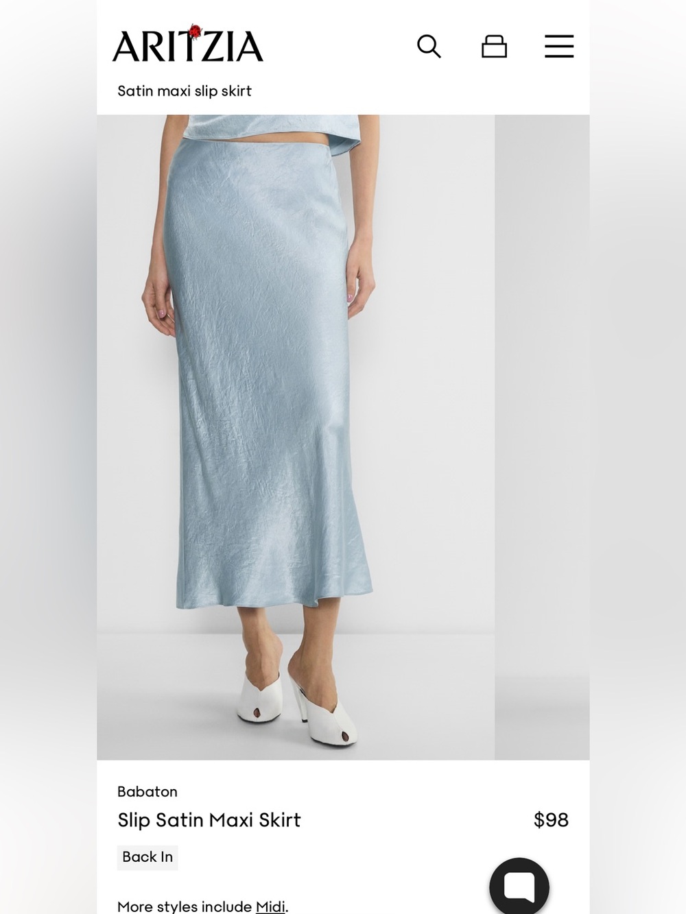 BNWT Aritzia babaton satin midi skirt